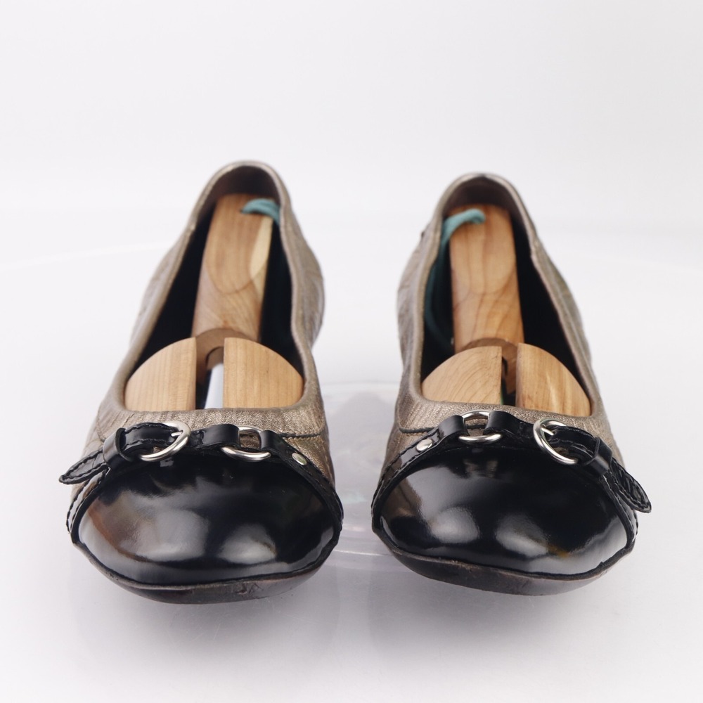 AGL Womens Ballet Flats Size 39 9 Quilted Bronze Gold Leather Black Cap Toe Shoe - Picture 4 of 14